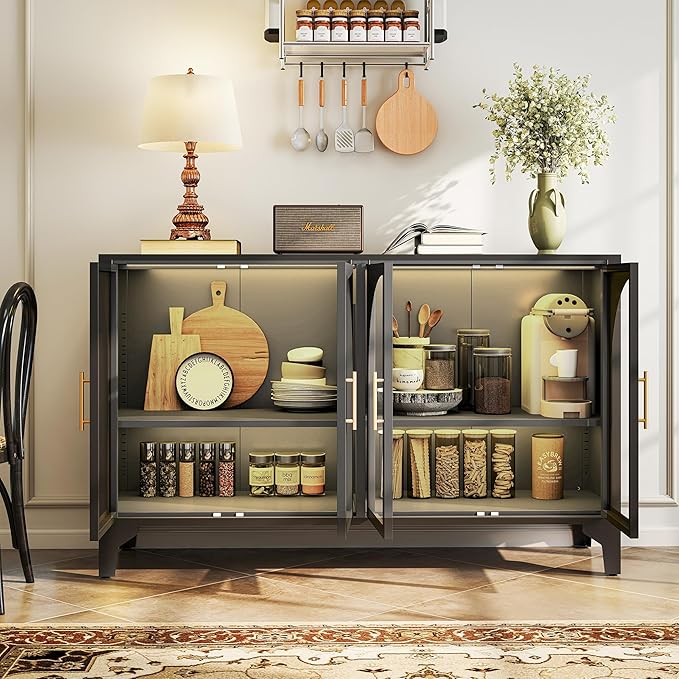 Foreate Arched Sideboard Buffet Cabinet with Storage & LED Light, 53.2" Large Buffet Cabinet with 4 Glass Door & Adjustable Shelf, Modern Farmhouse Sideboard Credenzas Metal Kitchen Buffets, Black