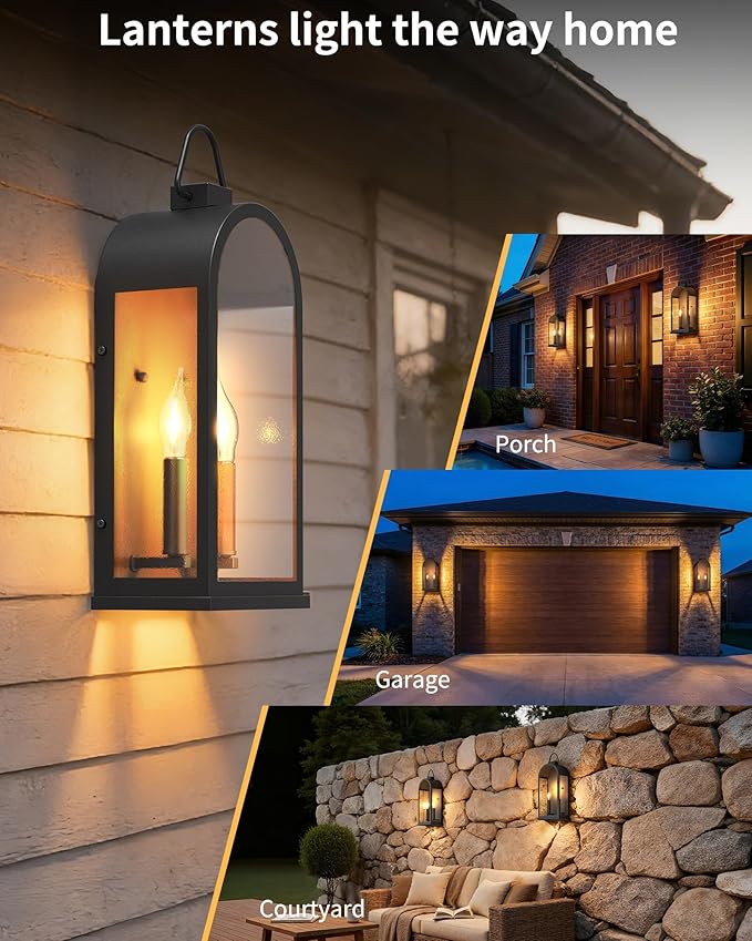 Outdoor Wall Light Fixtures, 2-Light Porch Lights Outdoor, Matte Black Exterior Waterproof Wall Sconce with Glass Shade, Outside Lantern for House Doorway Patio Entryway, E12 Socket, 2 Pack