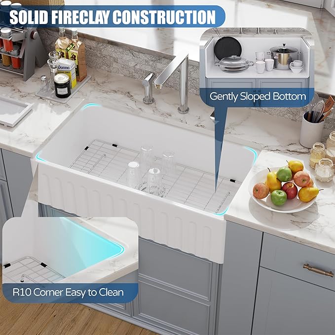 33 White Farmhouse Sink Reversible Workstation, Hugsleek Undermount Farm Kitchen Sink 33x20 inch Apron Front White Porcelain Ceramic Fireclay Sinks Single Bowl Under Counter Farmer Basin Accessories