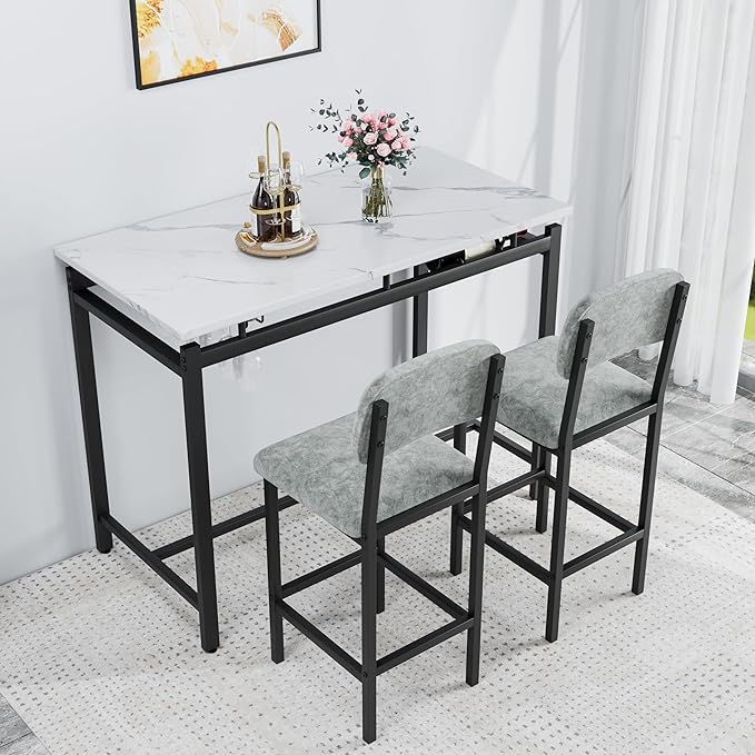Modern Bar Height Table and Chairs Set - Compact Bar Table and Chairs for 2, Perfect as Small Kitchen Table, Kitchen Island with Seating, or Dining Table with Chairs (Gray)