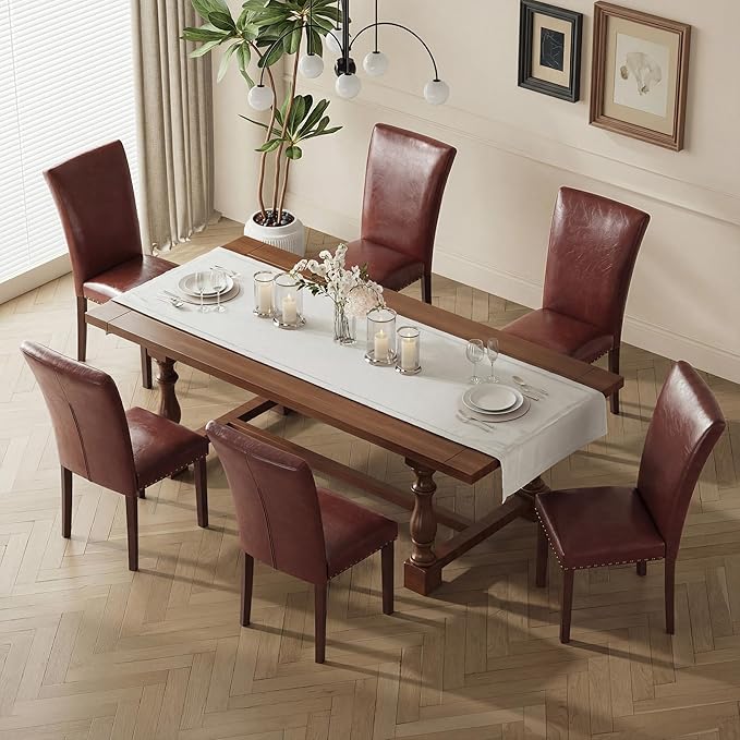 COLAMY Upholstered Parsons Dining Chairs Set of 4, PU Leather Dining Room Kitchen Side Chair with Nailhead Trim and Wood Legs - Light Brown