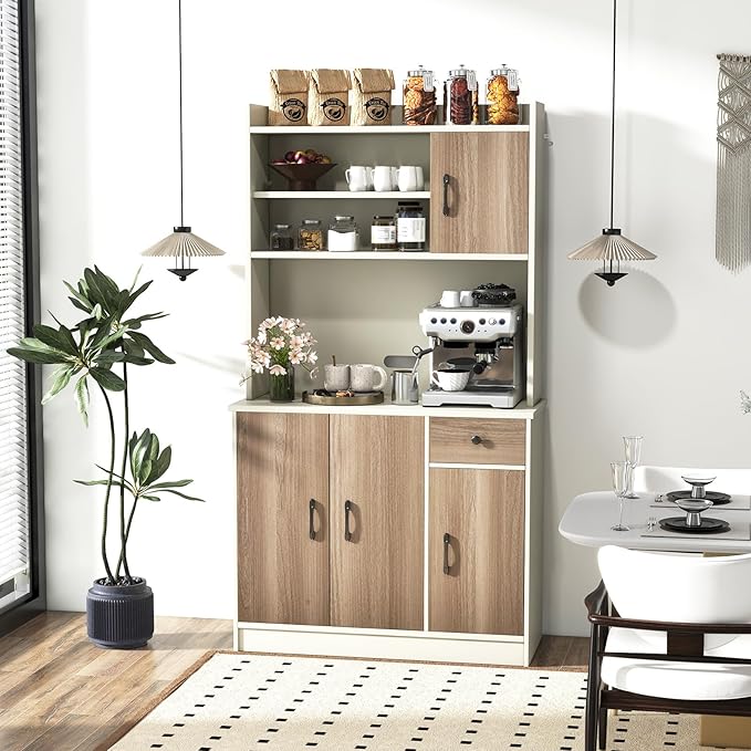 LOKO Kitchen Storage Cabinet with Charging Station, 71" Tall Pantry Hutch with Adjustable Shelves, 3 Cabinets & Cable Holes, Freestanding Cupboard Organizer for Kitchen, Dining Room