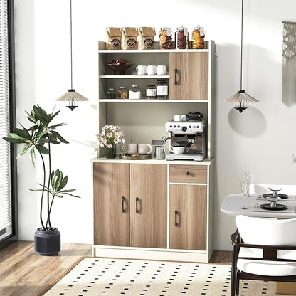 LOKO Kitchen Storage Cabinet with Charging Station, 71" Tall Pantry Hutch with Adjustable Shelves, 3 Cabinets & Cable Holes, Freestanding Cupboard Organizer for Kitchen, Dining Room