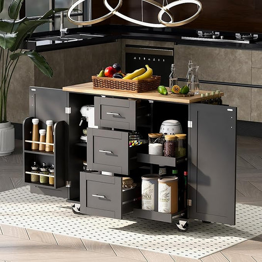 Rolling Kitchen Island with Storage, Kitchen Cart with Rubber Wood Top,3 Drawer,2 Slide-Out Shelf and Internal Storage Rack, Kitchen Island on Wheels with Spice Rack & Tower Rack (Black~09)