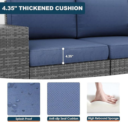 5 Piece Patio Furniture Set with Fire Pit Table, Outdoor Conversation Sets Grey Wicker Rattan Sectional Sofa, 4'' Thickened Cushion Navy Blue