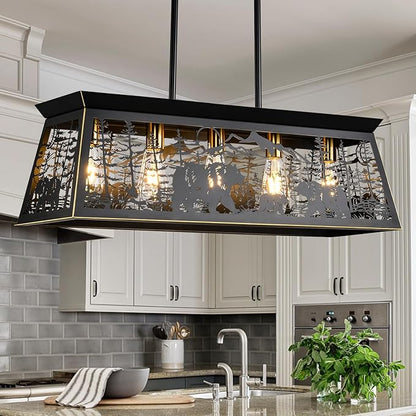 Farmhouse Rustic Dining Room Light Fixture with Bear Design, Black Kitchen Island Lighting, Black Rectangle Chandeliers，Rustic Chandelier for Dining Room Kitchen Island (32-Inch 5-Light)