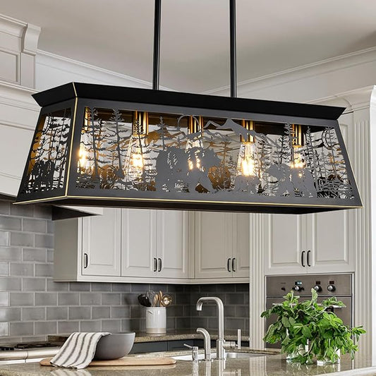 Farmhouse Rustic Dining Room Light Fixture with Bear Design, Black Kitchen Island Lighting, Black Rectangle Chandeliers，Rustic Chandelier for Dining Room Kitchen Island (32-Inch 5-Light)