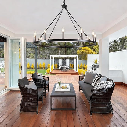Wagon Wheel Chandelier 12 Light 38" Large Black Farmhouse Chandelier for Dining Room Rustic Country Pendant Light Fixtures Hanging Modern Round Chandeliers for Living Room High Ceilings Entryway Foyer