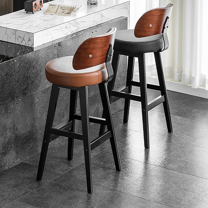Set of 2/4 Counter Height Stools, 33" Upholstered Faux Leather with Back and Solid Wood Legs, Mid Century Chair for Kitchen Island Dining Room,Grey-Set of 2