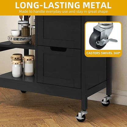 DWVO Solid Wood Top Rolling Kitchen Island Cart, 3 Tier Mobile Kitchen Storage Island Cart with 3 Drawers and 3 Opening Storage Shelves for Kitchen & Dining Area, Black