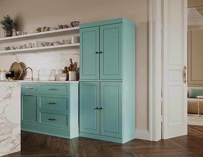 Palace Imports Solid Wood Kitchen Pantry Cabinet - 71.5" Tall x 32" Wide - Wooden Storage Cabinet with 4 Doors & Adjustable Shelves, Aqua, 100% Renewable Eco-Friendly Wood, Made in Brazil