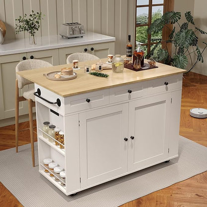 47.2 in Mobile Kitchen Island with Drop Leaf Countertop, Charging Station & Ample Storage, Rolling Kitchen Cart on Wheels with Pull-Out Shelves, Drawers, Spice Rack & Organizer Divider (White-1)