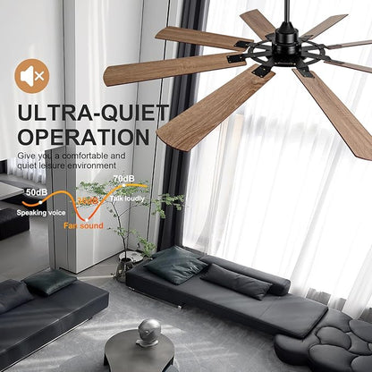 72 inch Ceiling Fans with Lights and Remote,8 Blades Black Ceiling Fan with Light, Large Air Volume, Reversible Quiet DC Motor, Modern Ceiling Fans for Indoor Outdoor Living Room Large Room