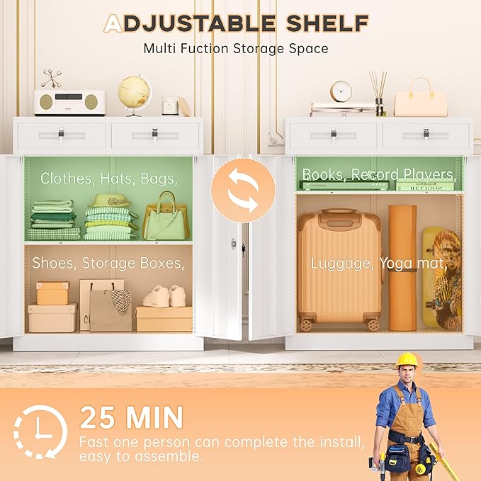 INTERGREAT Metal Garage Storage Cabinet, 36" Locking Counter Cabinet with 2 Locking Doors and 2 Adjustable Shelves, Small Steel Cabinet for for Home Office, Gym, School(White)