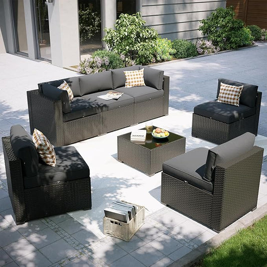 Aoxun 7 Piece Patio Furniture Set, Outdoor Sectional Sofas with Waterprool Cover, Wicker Rattan Outdoor Furniture Patio Conversation Set for Backyard, Garden Dark Grey