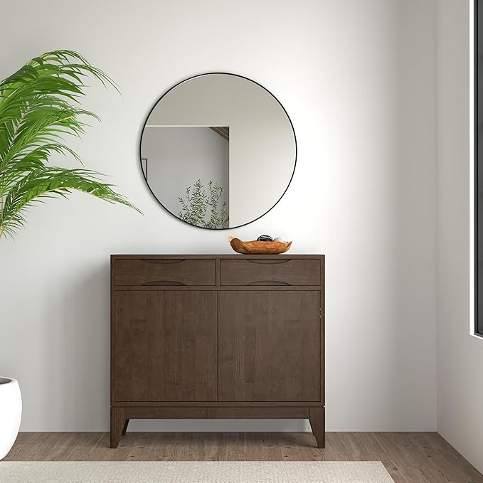SIMPLIHOME Harper Storage Cabinet - 40 inch Wide Solid Wood Medium Storage Cabinet in Walnut Brown, Mid-Century Modern Cupboard for Entryway or Dining Room with Drawers, Tapered Legs, and Shelves
