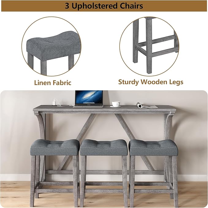 Betoko Counter Height Table and Chairs Set, Breakfast Nook Bar Table with Outlet and Chairs, Dining Room Bar Table and Chairs for Kitchen, Grey