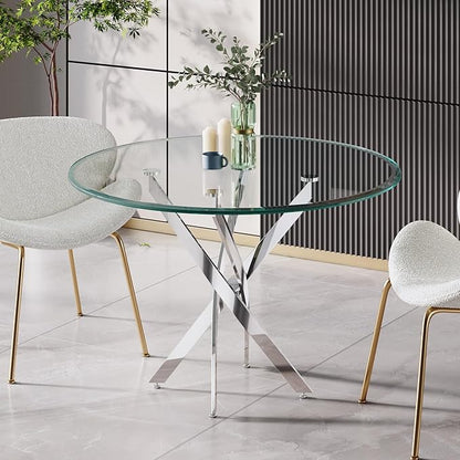 36" Round Dining Table for 4, Glass Kitchen & Dining Room Tables, Modern Circle Dining Room Table w/0.39" Tempered Glass Tabletop,Silver Finish Stainless Steel Legs for Dinner Small Space(No Chairs)