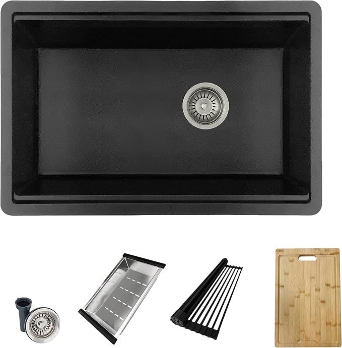 Stylish 28 x 18 Inch Composite Granite Workstation Kitchen Sink, Single Bowl Under Mount & Drop in, 9.5 in Deep, with Bamboo Cutting Board, Roll-Up Drying Rack, Colander & Strainer, Black, S-828WN