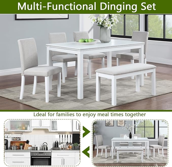 6 Piece Dining Table Set for 6, Rectangular Wooden Table with 4 Upholstered Chairs and 1 Bench, Elegant White Dining Room Set with Crystal Decoration
