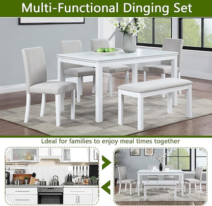 6 Piece Dining Table Set for 6, Rectangular Wooden Table with 4 Upholstered Chairs and 1 Bench, Elegant White Dining Room Set with Crystal Decoration