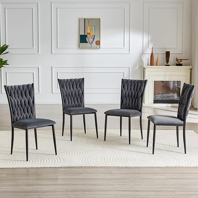 Upholstered Dining Chairs Set of 4, Hand-Woven Back Kitchen Chair, Luxury Gold Dining Chairs,Velvet Upholstery with Metal Legs, Modern Velvet Chair for Dining Room、Kitchen、Restaurant