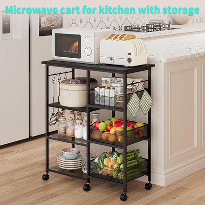 HapiRm Rolling Kitchen Carts with Storage - Microwave Table Stand with 6 Hooks & 3 Baskets, kitchen Island Cart on Lockable Wheels, 28.3" L × 14.6" W Bakers Rack Cart for Dining Room Coffee Bar Office