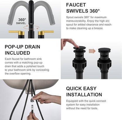 KENES Black and Gold Centerset Bathroom Faucet with Pull Out Sprayer, 4 Inch 2 Handle Pull Down Bathroom Sink Faucet 3 Hole, Bathroom Vanity Faucet with Pop Up Drain & Supply Lines LJ-9069-BG