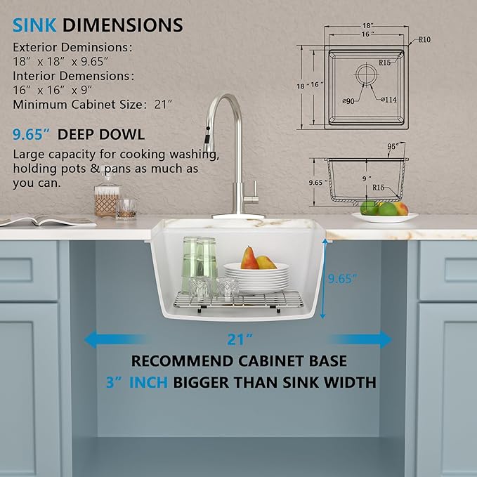 18"x18" Undermount Wet Bar Sink Workstation - White Granite Composite Quartz Classic Single Bowl Under Counter Small Kitchen Bar Prep RV Sink Basin