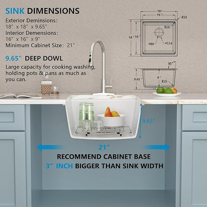 18"x18" Undermount Wet Bar Sink Workstation - White Granite Composite Quartz Classic Single Bowl Under Counter Small Kitchen Bar Prep RV Sink Basin