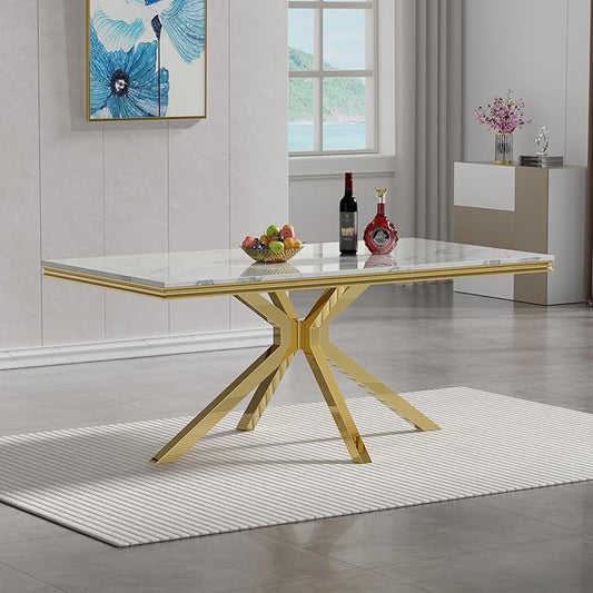 White Dining Room Table for 4 6, 68" Faux Marble Dining Table with X-Shape Stainless Steel Legs, Modern Gold Kitchen & Dining Room Tables Rectangle Dinning Dinner Table for 4 6