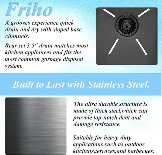 Friho Drop in Black Bar Sink, 15 x 20 Inch Stainless Steel Single Bowl Small Topmount Kitchen Sink, Handmade Bar Apply Office Wet Bar Prep RV Outdoor Yard with Cutting Board