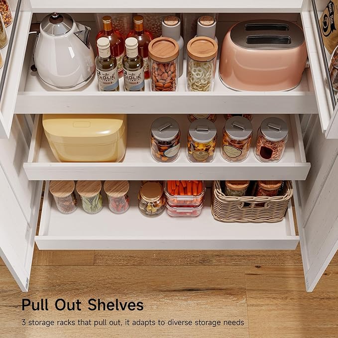 ONBRILL 71" Tall Farmhouse Kitchen Pantry Cabinet with 3 Pull Out Shelves & 2 Large Drawers, Pantry Storage Cabinet with 6 Door Shelf & Adjustable Shelf, Freestanding Cupboard for Kitchen, Dining Room