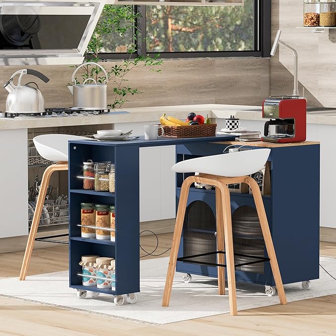 Modern Dining Table Kitchen Island on Wheels with Extended Adjustable Sturdy Stable Easy Clean Luxury Counter Console Decor Living,Blue-MDF