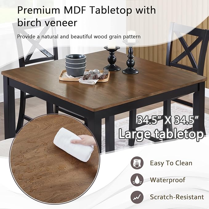 5 Piece Counter Height Dining Set with 4 Chairs, Classic Wooden Table for 4, Farmhouse Style Dining Room Set for Kitchen, Black and Oak Two Tone
