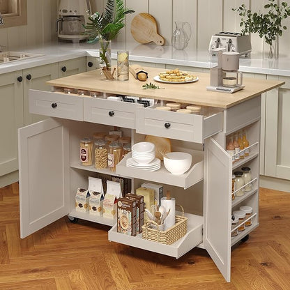 47.2 in Mobile Kitchen Island with Drop Leaf Countertop, Charging Station & Ample Storage, Rolling Kitchen Cart on Wheels with Pull-Out Shelves, Drawers, Spice Rack & Organizer Divider (Gray-1)