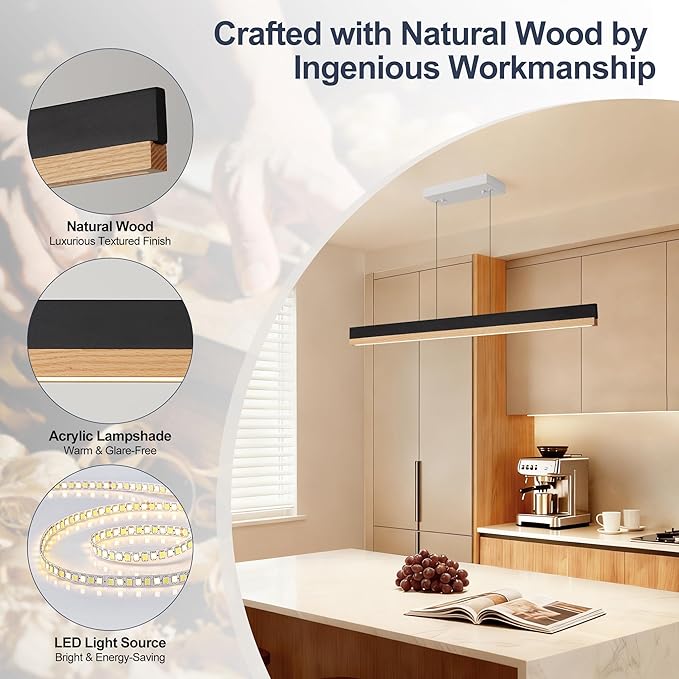 39" Wood Linear Pendant Light, Wood Dining Chandelier with Remote, 24W LED Dimmable Pendant Lights Kitchen Island, Linear Hanging Chandelier for Dining Room, Bar, Pool Table-Natural