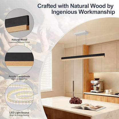 39" Wood Linear Pendant Light, Wood Dining Chandelier with Remote, 24W LED Dimmable Pendant Lights Kitchen Island, Linear Hanging Chandelier for Dining Room, Bar, Pool Table-Natural