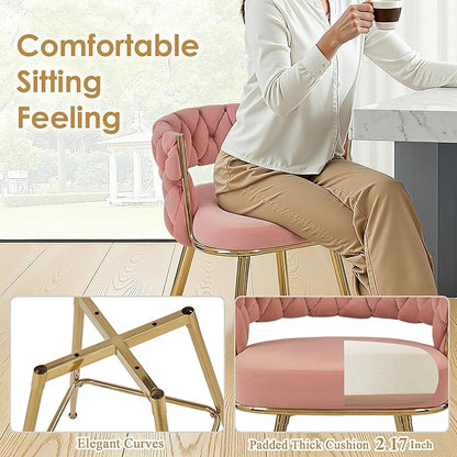 VECELO Bar Stools Set of 4, Counter Height Bar Stools, 26 inch Seat Barstools with Woven Back and Footrest for Kitchen Island Counter, Pink