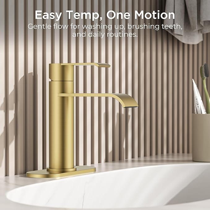 FORIOUS Brushed Gold Bathroom Faucet Single Hole Waterfall Faucet for Bathroom Sink 1 Hole with Deck Plate, Gold Single Handle Vanity Tap with Pop-up Drain and CUPC Hose for RV, Lavatory