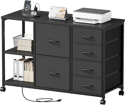 Maihail 6 Drawer File Cabinet with Charging Station Rolling Printer Stand with Open Storage Shelf Fabric Lateral Filing Cabinet for Home Office,Black