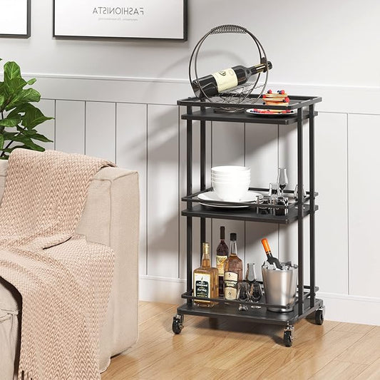 XYZLVSI 3-Tier Rolling Serving Bar Cart, Wood and Metal Kitchen Island Storage Cart with Wheels, Multifunction Utility Cart Storage Rack for Home, Kitchen, Bar, Dinning Room, Living Room (Black)