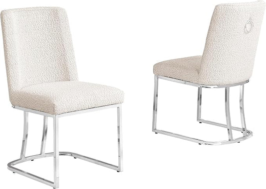 Modern Chairs Set of 2, Chrome Side Chairs & Counter Stools with Ring Pull Back, Luxury Upholstered Chairs for Kitchen Island, Dining Room & Home Bar (Boucle, Cream/Silver, Side Chair)