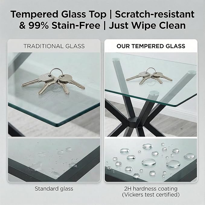47.24" Rectangular Glass Dining Table, Tempered Glass Small Kitchen Table with Metal Tubular Legs, Stylish and Sturdy Clear Dinner Table for Home and Outdoor