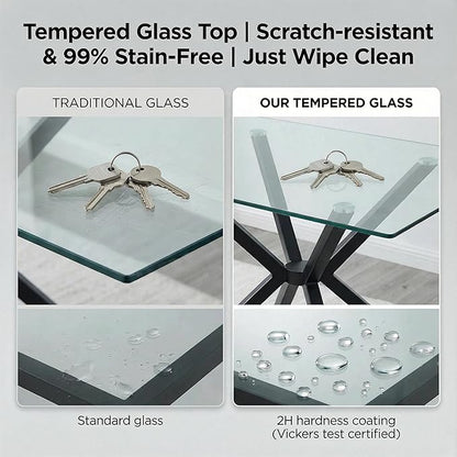 47.24" Rectangular Glass Dining Table, Tempered Glass Small Kitchen Table with Metal Tubular Legs, Stylish and Sturdy Clear Dinner Table for Home and Outdoor