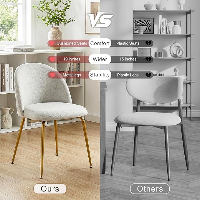 Casaphoria Dining Chairs Set of 2, Modern Gray and Gold Upholstered Accent Chairs with Metal Legs, Ergonomic Comfy Vanity Chair for Kitchen, Living Room, and Bedroom