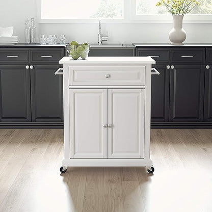 Crosley Furniture Compact Stone Top Small Rolling Cart with Shelves, Microwave Stand with Towel Rack, White