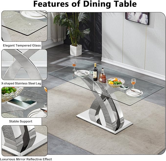 70" Glass Dining Table for 6-8, Modern Dining Room Table with 0.39" Tempered Glass Top and X-Shaped Silver Stainless Steel Base, Rectangle Kitchen Dinner Table for Dining Room