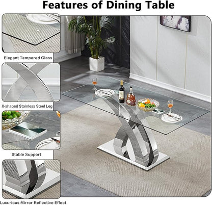 70" Glass Dining Table for 6-8, Modern Dining Room Table with 0.39" Tempered Glass Top and X-Shaped Silver Stainless Steel Base, Rectangle Kitchen Dinner Table for Dining Room