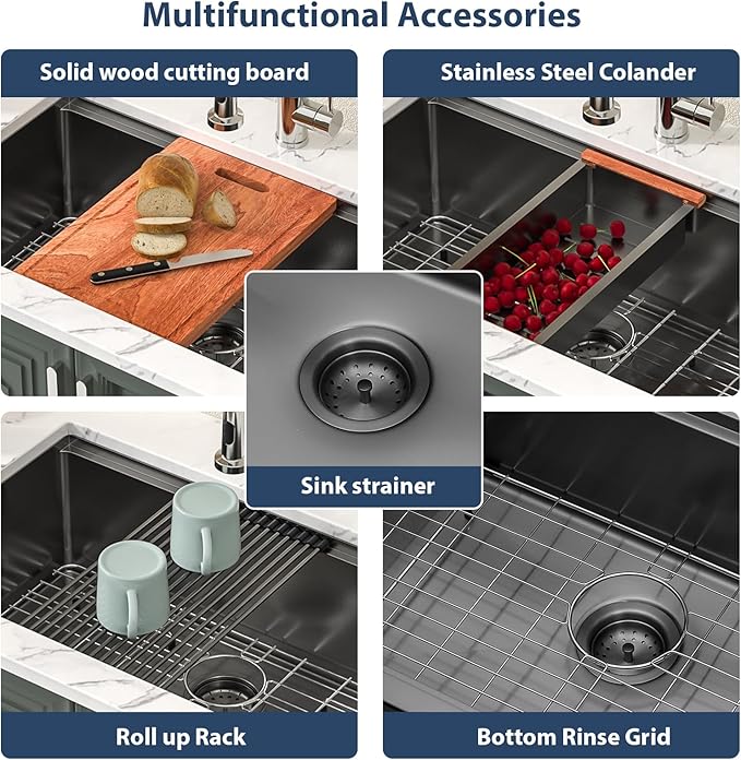 Lordear 33 Inch Black Undermount Kitchen Sink Workstation 16 Gauge Stainless Steel Deep Single Bowl Basin with Built-in Accessories,33“x19"x10" Gunmetal Black Sinks